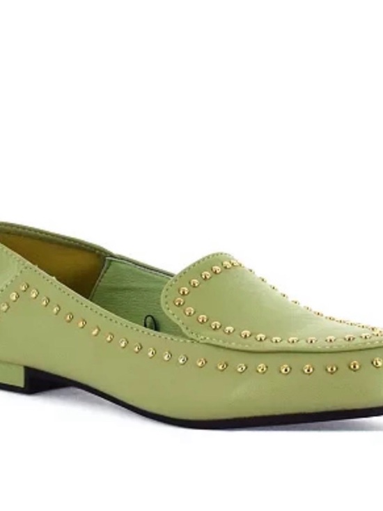 Seven7 Shoes - Gold-Studded Sage Green Women's Loafers
